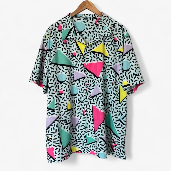 Retro 80s 90s Geometric Pattern Short Sleeve Button Down Shirt - Picture 1 of 10